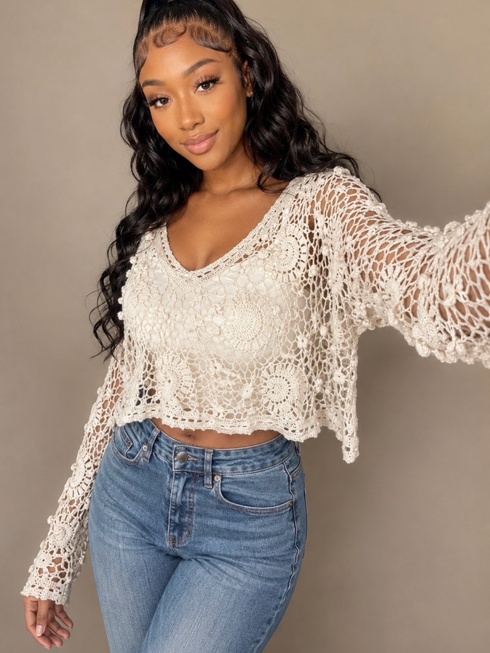 Vintage Cherry Stix Ivory Hand-Knit Crochet Top One Size